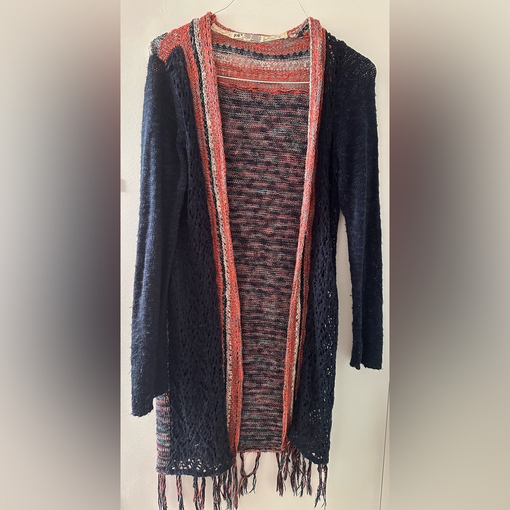 Jolt Boho Knit Fringe Duster Cardigan – Navy/Coral, Size XL